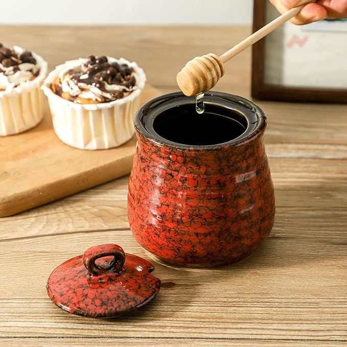 Hasense 12-Ounce Honey Jar with Lid and Wooden Dipper, Ceramic Honey-Dipper Stick and Jar Set, Red Small Honey-Container for Holiday Gift, Dishwasher Safe