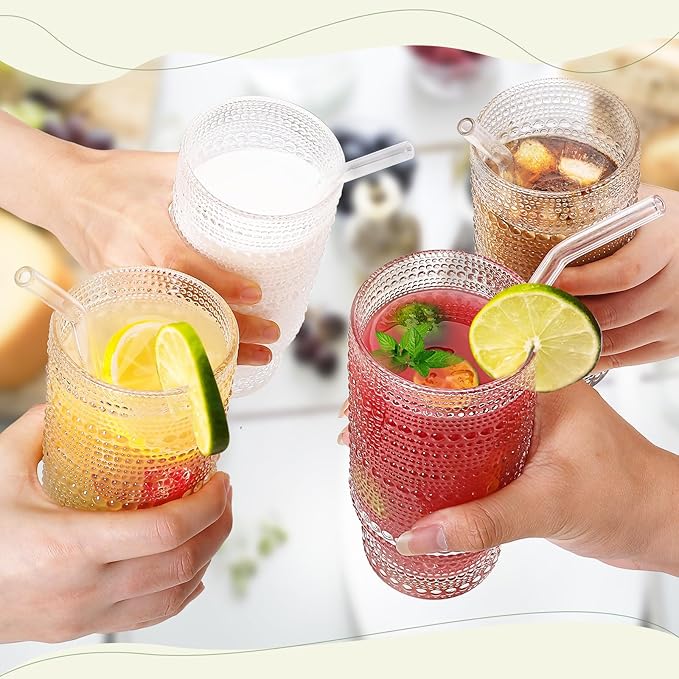 16 Oz Glass Cups with Lids and Straws, Vintage Embossed Glassware for Whiskey Cocktail Beer, Iced Coffee Cup with Lid, Glass Tumbler (4 PACK)