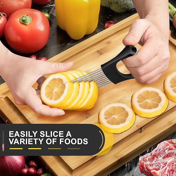 2025 Premium Onion Slicer, Stainless Steel Onion Holder for Slicing Onion, Kiwifruit, Tomatoes, Avocados, Eggs, Lemon, Meat, Third Generation Onion Cutter