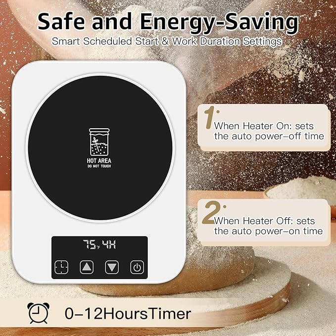 Sourdough Starter Warmer with Memory Function– 1°F Precision Temperature Control (70–100°F), Auto On/Off, 12-Hour Timer, Fits Sourdough Starter Jars Up to 40oz,Christmas gift for Home Baking Lover