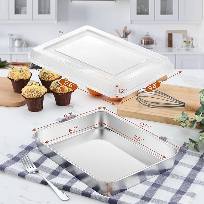 Baking Pan with Lid, Stainless Steel Lasagna Rectangle Cake Browinie Pan, 9¾ x 12½ x 2 Inch, Set of 3
