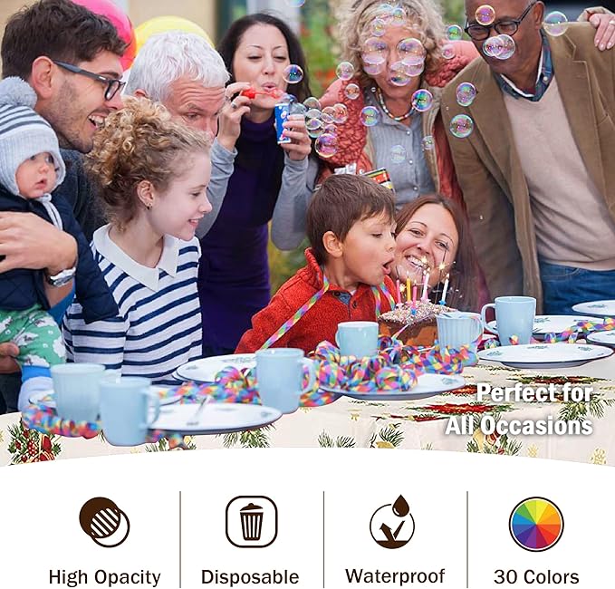 Exquisite Party Solids 12 Pack Premium Rectangle Holiday Design Plastic Tablecloth - Christmas Decorations Tablecloth Disposable Plastic Table Cover for December - 54 inch. x 108 inch.