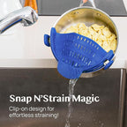 Kitchen Gizmo Snap N' Strain - Silicone Clip-On Strainer for Pots, Pans, and Bowls - Heat-Resistant Kitchen Gadgets, Essential Colander Drainer for Vegetables and Pasta - 7.87x2.76x4.53-Inch (Blue)