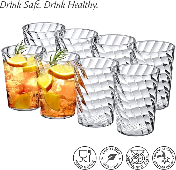 Amazing Abby - Glacier - 14-Ounce Plastic Tumblers (Set of 8), All-Clear Reusable Plastic Cups, Stackable, BPA-Free, Shatter-Proof, Dishwasher-Safe
