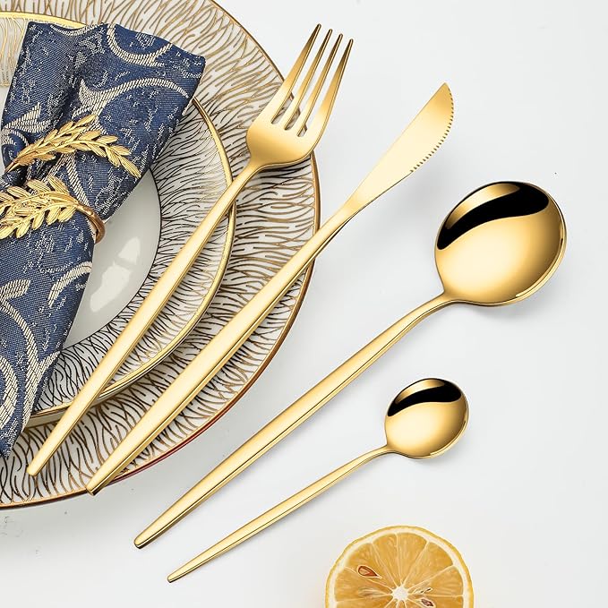 24-Piece Gold Silverware Set for 6, Stainless Steel Flatware Cutlery Set, Eating Utensils Set Tableware Included Steak Knives Spoons and Forks Set For Home,Restaurant,Party