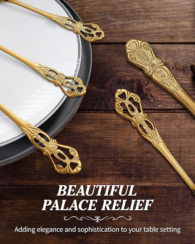 24 Pieces Gold Silverware Set for 4, Retro Royal Flatware Set with Steak Knives, Gorgeous Stainless Steel Cutlery Utensil Set Include Forks Spoons and Knives, Mirror Finish,Dishwasher Safe