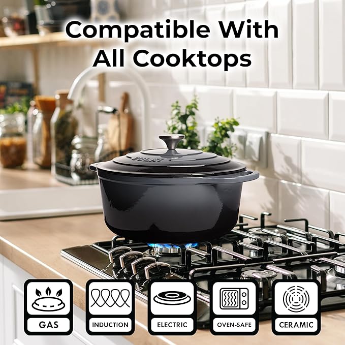 Zulay Kitchen 5 Quart Enameled Cast Iron Dutch Oven with Lid,Silicone Trivet & Heat Pad – Premium Durability & Oven Safe up to 500°F – Heavy Duty Cookware Perfect for Bread Baking, Stews, Braising & Roasting – Gray