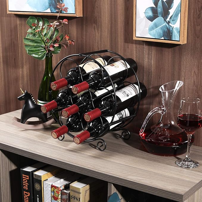 PAG 7 Bottles Freestanding Countertop Wine Rack, Metal Small Table Top Wine Rack, Drink Organizer Bottle Holder, Kitchen Organizers and Storage, Black