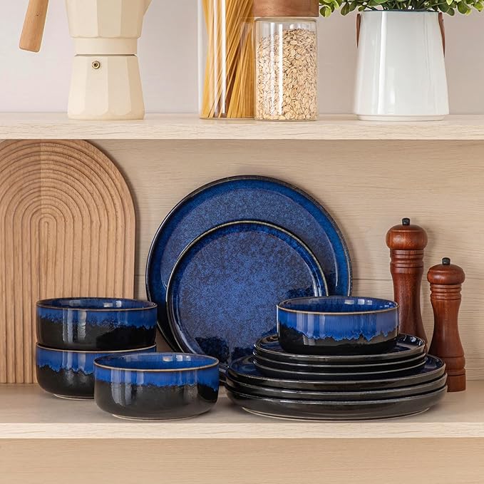 vancasso Starry 12 Pieces Dinnerware Sets for 4, Blue Reactive Glaze Dishes Sets, Ceramic Plates and Bowls Set, Dinner Salad Dessert Plates, and Cereal Bowls Set, Dishwasher and Microwave Safe