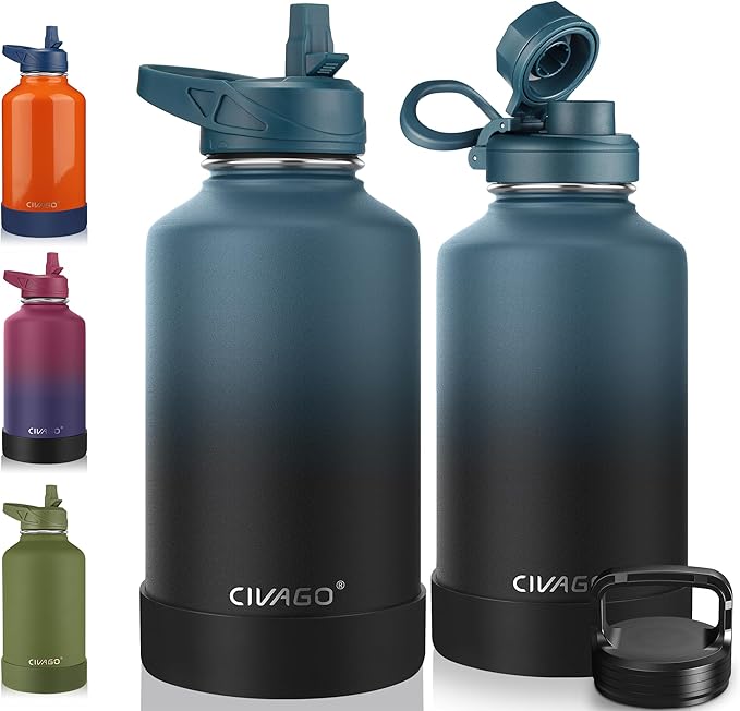 CIVAGO 64 oz Insulated Water Bottle With Straw, Half Gallon Stainless Steel Sports Water Flask Jug with 3 Lids (Straw, Spout and Handle Lid), Large Metal Thermal Cup Mug, Indigo Black