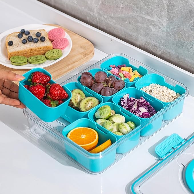 Divided Snack Serving Tray with Lid and Handle Travel Snackle Charcuterie Container Portable Storage Organizer for Candy, Fruits, Nuts, Snacks, Party, Picnic (1pack, Lake blue)