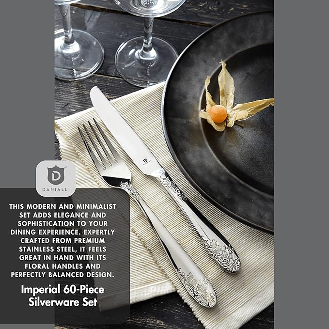 Modern Silverware Set, 18/10 Stainless Steel Flatware, Mirror Finish, Dishwasher Safe, Elegant Cutlery for Home and Dining, Built to Last (60-Piece, Imperial)