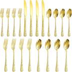 Floral 20 Pcs Gold Silverware Set for 4, Food Grade Stainless Steel Flatware Set with Rose Flower Embossed Design, Eating Utensils Sets Include Fork/Knife/Spoon, Reusable Cutlery Set, Dishwasher Safe