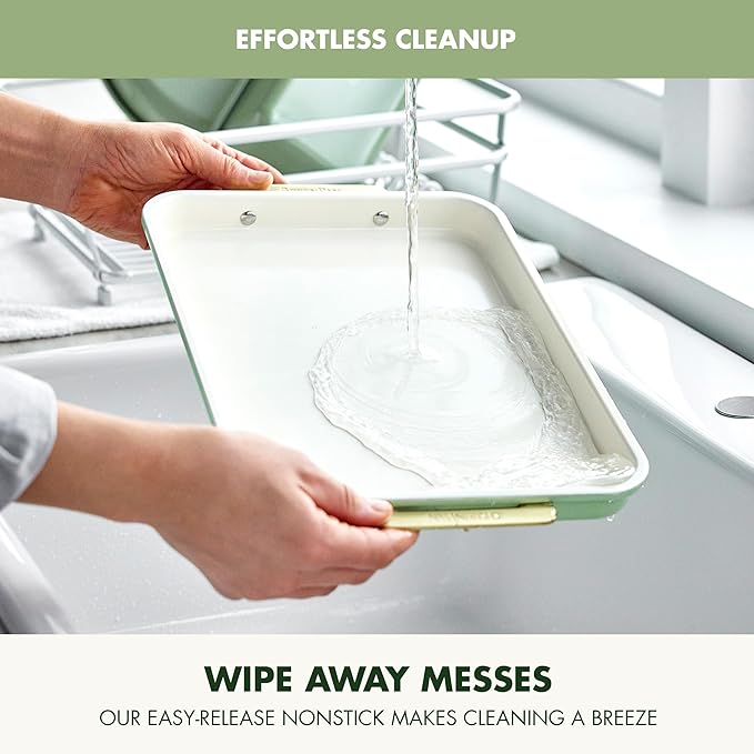 GreenPan Bakeware Set, 7 Piece Nonstick Ceramic Gold Handle Baking Sheets, Cake Pans, Loaf Pan, Muffin Tin, Cooling Rack, PFAS & BPA Free, Freezer to Oven Dish, Bake & Roast Ovenware, Sage Green
