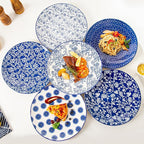 Ceramic Dinner Plates Set - 10.5 Inch Large Kitchen Porcelain Salad Serving Plate for Pasta Steak Pizza Pancakes - Scratch Resistant Dishwasher Oven Microwave Safe - Set of 6 - Vintage Blue
