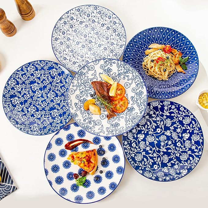 Ceramic Dinner Plates Set - 10.5 Inch Large Kitchen Porcelain Salad Serving Plate for Pasta Steak Pizza Pancakes - Scratch Resistant Dishwasher Oven Microwave Safe - Set of 6 - Vintage Blue