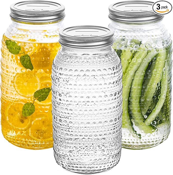 Mason Jars 64 Oz Wide Mouth with Lids 3 Pack, Large Half Gallon Glass Canning Jars for Fermenting, Pickling, Storing Food, Meal Prep, Salad Jam