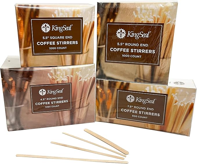 5000 Count | KingSeal Natural Birch Wood Coffee Beverage Stirrers, Stir Sticks, Waxing Sticks, 7.5 Inches, Round End, Eco-Friendly - 10 Boxes x 500 Stirrers