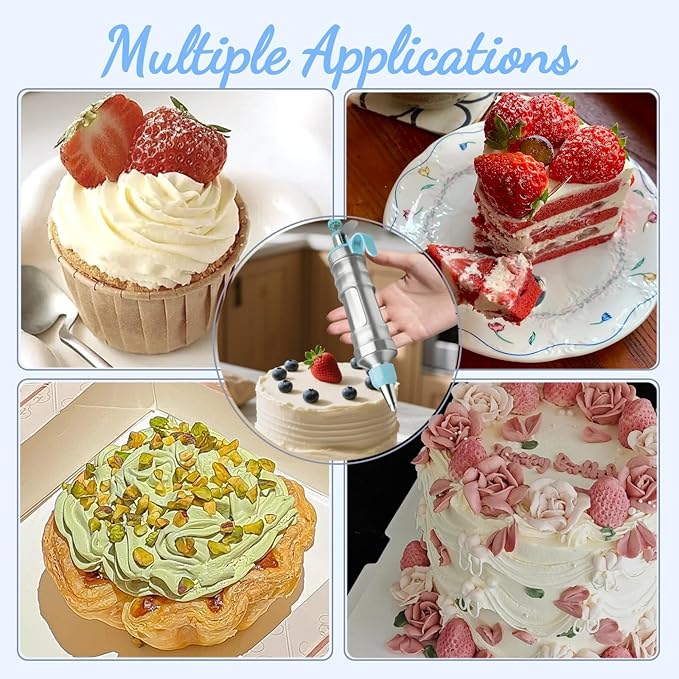 Dessert Decorating Syringe Set, Cake Frosting Piping Kit Stainless Steels Cupcake Icing Piping Kit with 6 Nozzles, 4 Scraper, 6 Silicone Cake Liners, 2 Cleaning Brush for DIY Cake Decoration, Blue