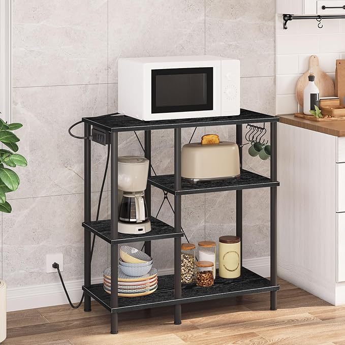 HOOBRO Bakers Rack with Power Outlet, Microwave Stand with 5 S-Shaped Hooks, Coffee Bar, Kitchen Storage Shelf, for Kitchen, Living Room, Black BB07UHB01