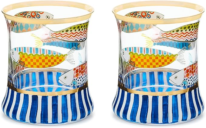 MACKENZIE-CHILDS Tumbler Glasses, Elegant Drinkware, Glasses with Gold Rim, 8 Ounces, Set of 2, Go Fish