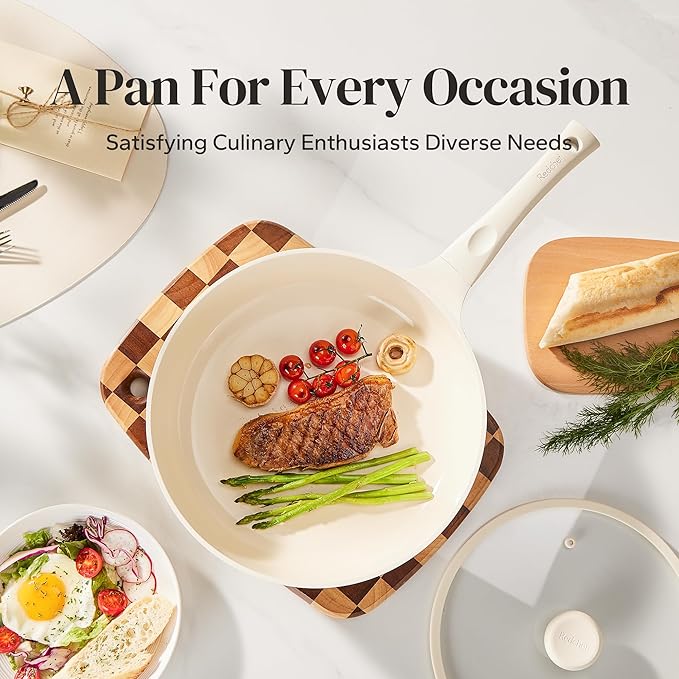Redchef Ceramic Frying Pan with Glass Lid, Nonstick Deep Saute Pan for All Stovetops, Healthy Cooking Pan, Ergonomic Handle, Fast Even Heating, Splatter Prevention, Oven Safe, Beige (5.2Qt, 12")