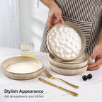 E-far Pasta Bowls Set of 4, 30oz Shallow Salad Bowls for Dinner Serving, 8.25" Stoneware Ceramic Bowl Plates for Noodle Soup, Microwave & Dishwasher Safe, Reactive Glaze, Khaki