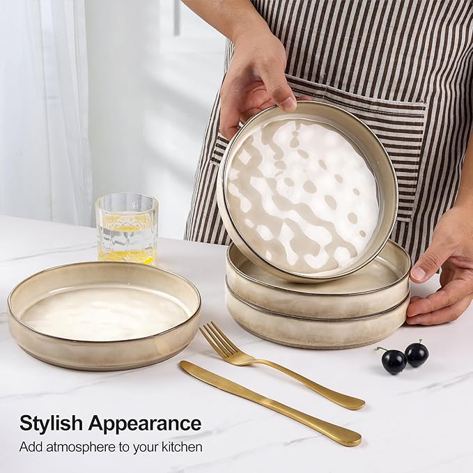 E-far Pasta Bowls Set of 4, 30oz Shallow Salad Bowls for Dinner Serving, 8.25" Stoneware Ceramic Bowl Plates for Noodle Soup, Microwave & Dishwasher Safe, Reactive Glaze, Khaki