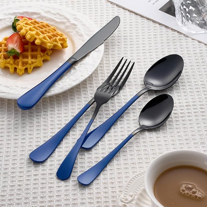 20 Piece Black Blue 18/0 Flatware Utensil Set for 4, Include Dinner Knife,Dinner Forks,Dinner Spoons,Salad Forks,Teaspoons,Silverware Set for 4, Dishwasher Safe
