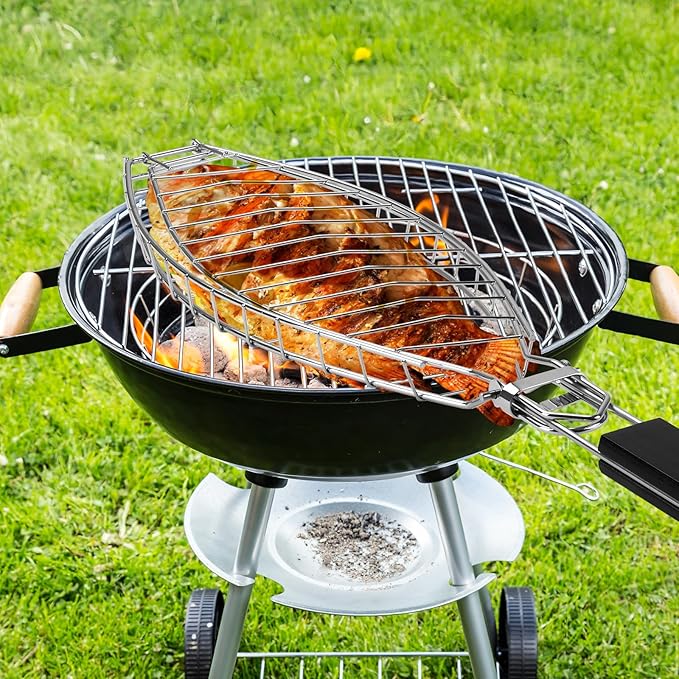 Fish Grill Basket, Stainless Steel Fish Grilling Rack For Oven With Detachable Handle , Large Whole BBQ Fish Grill Basket For Live Fish, NonStick Fish Basket for Grilling Perfect for Salmon, Veggies, And Seafood