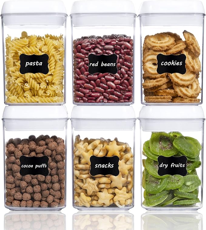 Vtopmart 6 PCS Airtight Food Storage Containers, BPA Free Plastic Snack Containers with Easy Lock Lids, for Kitchen Pantry Organization and Storage, Include 24 Labels, 0.8L