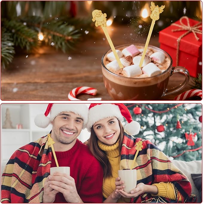 50PCS Bamboo Coffee Stirrers, 7inch Christmas Biodegradable Disposable Coffee Drink Cocktail Stirrers for Coffee Milk Christmas New Year Office Hot Chocolate Bar Supplies