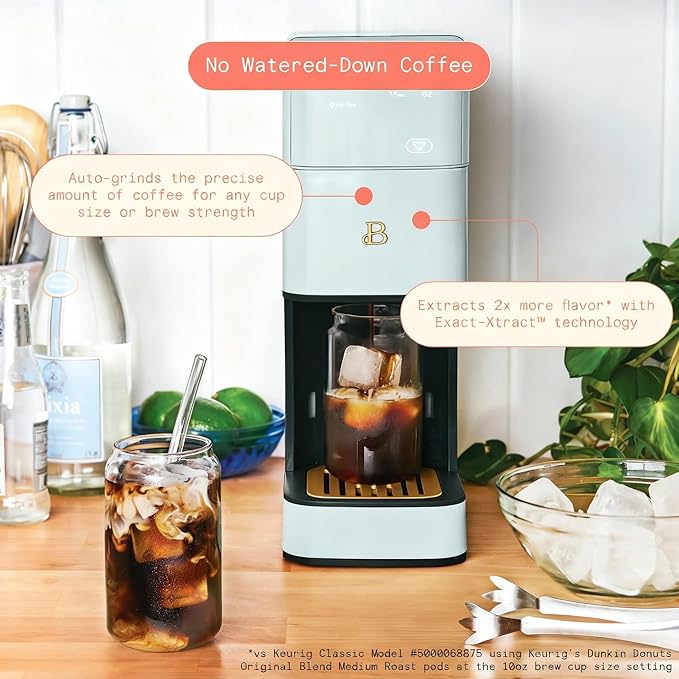 Beautiful Perfect Grind Programmable Single Serve Coffee Maker with Touch Display and Integrated Burr Grinder, Auto Coffee Strength Selection, 64oz Water Reservoir (Hydrangea)