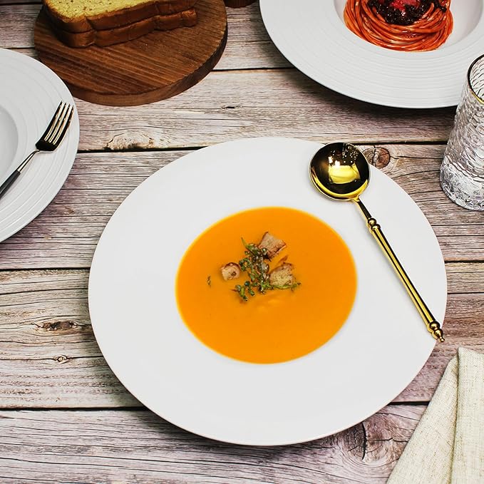 Ceramic Wide Rimmed Soup Plate, Soup Bowl 8 oz, Pasta Bowl Set of 4, White Shallow Bowl Plate with Rim, Best choice for high-end restaurants, hotels, and foodies, 9.6 Inch