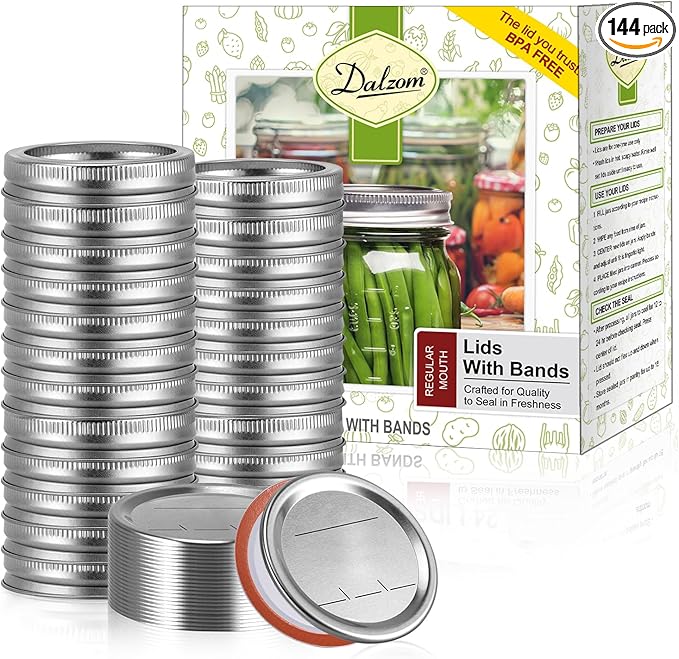 Dalzom® 144Pcs Canning Lids with Rings Regular Mouth, Premium Mason Jar Lids with Rings for Ball, Kerr Jars - Food Grade Material, 100% Fit & Airtight for Regular Mouth Mason Jars