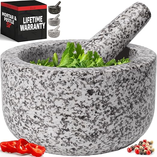 PriorityChef Heavy Duty Natural Granite Mortar and Pestle Set, 4 Cup Carved from Natural Granite, Make Fresh Guacamole, Stone Grinder Bowl, Herb Crusher, Spice Grinder, White
