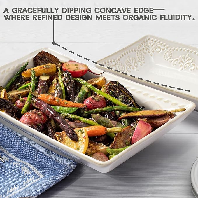 Artena Ceramic Pasta Bowls Set of 4-9.85 Inch Large Salad Bowls, 25 oz Serving Bowls for Soup, Dinner & Party - Embossed Microwave Safe Kitchen Dishes, Rectangle Plates (Willow Leaf)