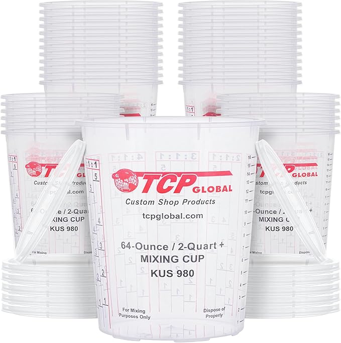 Custom Shop Paint Mixing Cups, 64-Ounce (36 Pack) - Plastic Measuring Cups for Liquids, Automotive Painting, Epoxy Resin, Acrylic Arts, Crafts, Disposable or Reusable, Graduated, Mixing Ratios