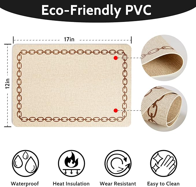Placemats Set of 6, Heat Resistant & Waterproof Table Mats for Dining, Non Slip Scratch Proof Place Mats for Kitchen, Easy to Clean - Outdoor,Indoor Use（17x12 Inch）