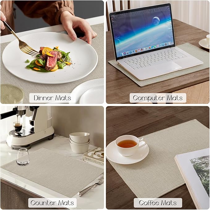 Romanstile Cloth Placemats Set of 6-12 x 18 Inch, Heat Resistant Double Layered Thickened Burlap Place Mats, Washable Faux Linen Farmhouse Table Mats for Kitchen/Dining/Party/Outdoor, Beige