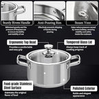 Stainless Steel Cookware Set, 16-Piece Pots and Pans Set Non Toxic, Kitchen Induction Cookware with Glass Lids, Steamer, Utensil Sets, Pot Protectors & Apron, Oven & Dishwasher Safe, Silver