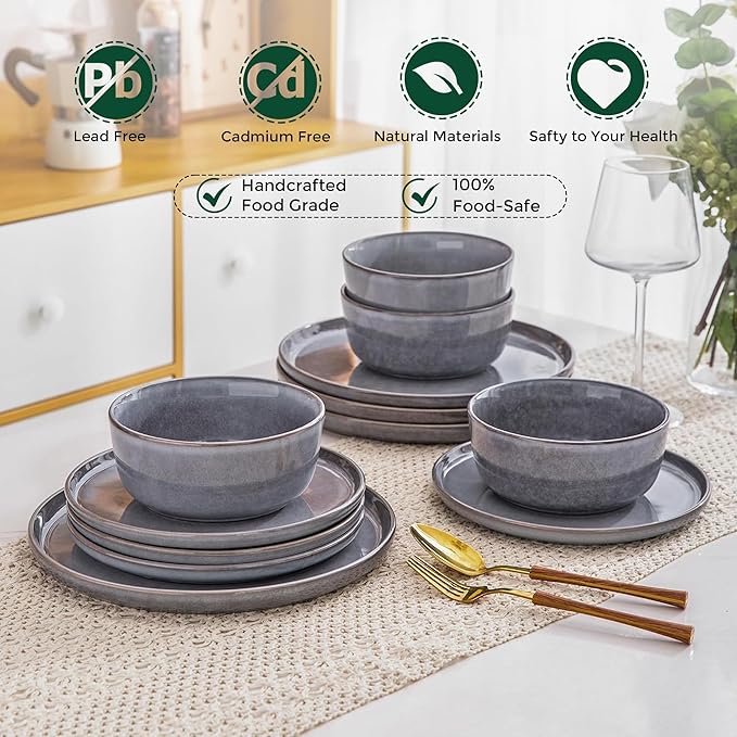 AmorArc Stoneware Dinnerware Sets,Round Reactive Glaze Ceramic Plates and Bowls Set,Highly Chip and Crack Resistant | Dishwasher & Microwave Safe Dishes,Service for 4 (12pc)