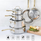 Martha Stewart Castelle 10 Piece 18/8 Durable Stainless Steel Induction Safe Pots and Pans Non-Toxic Kitchen Cookware Set - Gold Handles - Dishwasher Safe