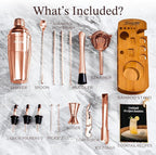 KITESSENSU Cocktail Shaker Set Bartender Kit with Stand - Drink Mixer Bar Set with All Essential Bar Accessory Tools - Martini Shaker Jigger Strainer Mixer Spoon Muddler Liquor Pourers - Rose Gold