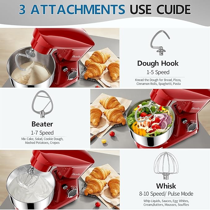 Facelle Stand Mixer, 10-Speed 6QT Kitchen Electric Mixer, Tilt-Head Food Mixer with Beater, Dough Hook, Wire Whip and Egg Separator, scraper for Most Home Cooks - Red