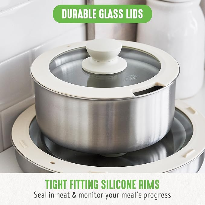 GreenLife 10 Piece Stainless Steel Pots and Pans, Detachable & Stackable Kitchen Set, Tri Ply Clad PFAS Free Cookware, Space Saving with Removable Handle, Induction & Oven Safe, RV Cookware, Glass Lid