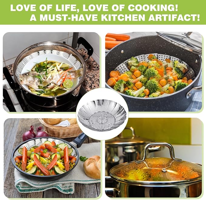 Vegetable Steamer Basket, Stainless Steel Folding Steamer Basket for Cooking, Vegetables, Fish, Pasta, Eggs, Fit Various Size Pot (5.5 inches to 9.2 inches)