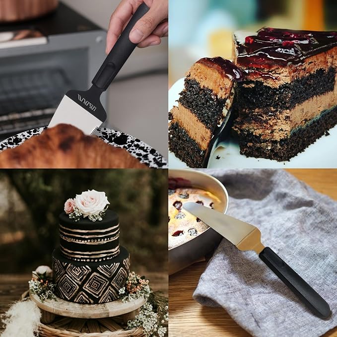 Premium Black Pie Server Spatula Set - Stainless Steel Smooth & Serrated Cake, Pizza & Dessert Cutter Knife | Right/Left Handed Friendly Kitchen Utensil