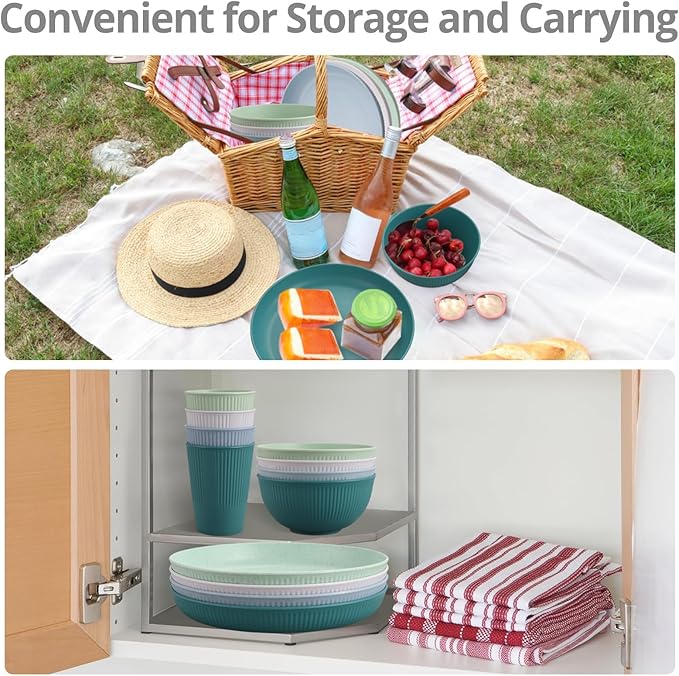 Tanice Kids Dinnerware Set, 12PCS Plastic Plates and Bowls Sets, Kids Dinnerware Set for 4, Plastic Dishes Set with Pltaes, Bowls, Cups for Kitchen, Outdoor Camping