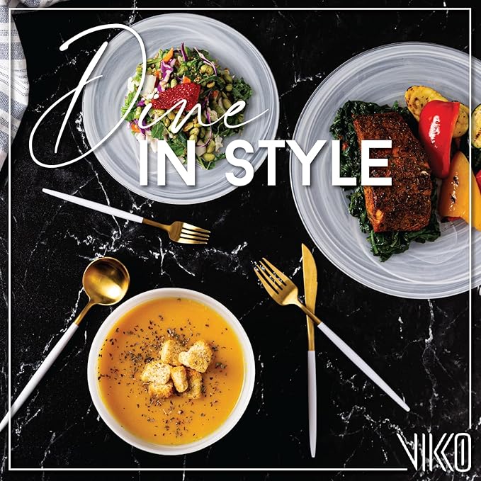 Vikko Salad Bowl, Set of 4 White Alabaster Style Soup Bowls, 6" Bowl with Marbelized Design, Large 32 Ounce Bowls Set, For Pasta, Fruit, Ramen Bowl, Dishwasher Safe